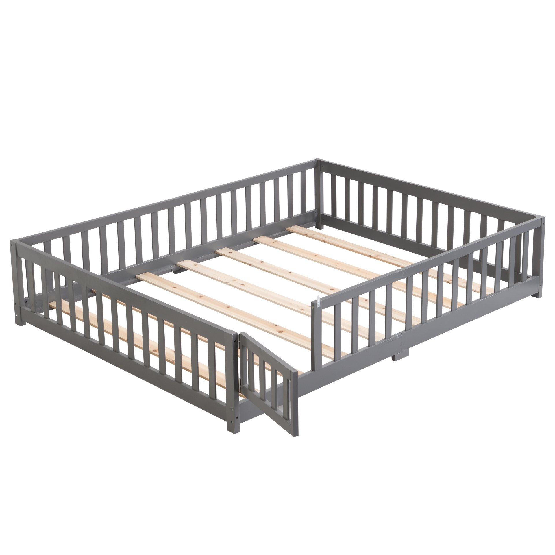 Solid Wood Full Size Floor Bed With Door And Fence For Children, Pine Wood Construction - Gray - Image 4