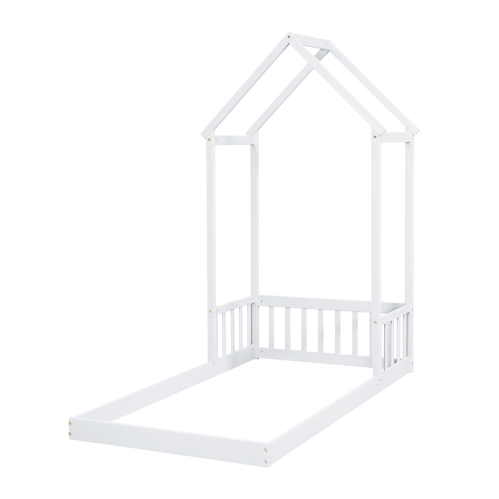 Twin House-Shaped Roof Headboard Floor Bed, (Without Slats) - White - Image 15