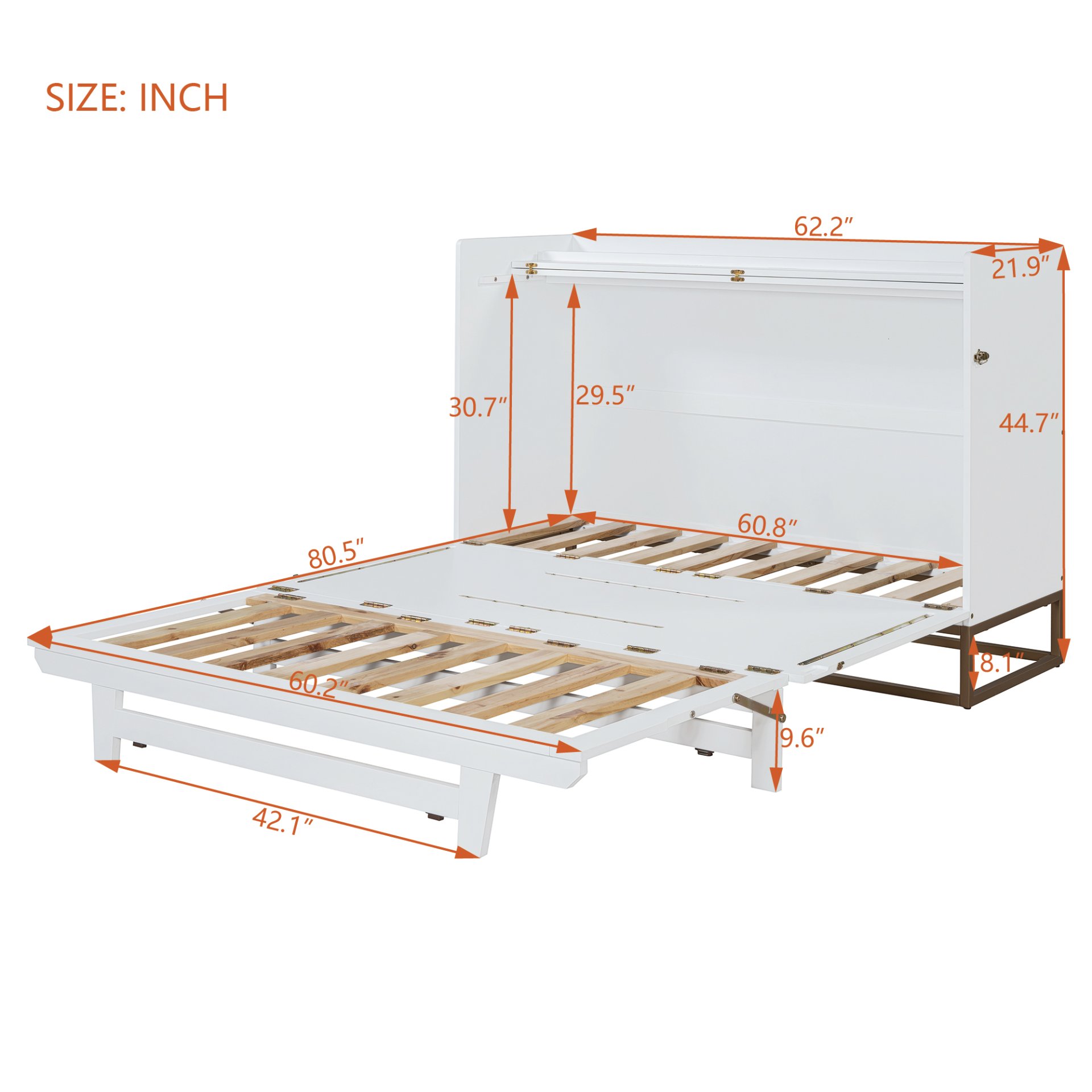 Queen Size Murphy Bed With Iron Legs, Modern Design - White - Image 21