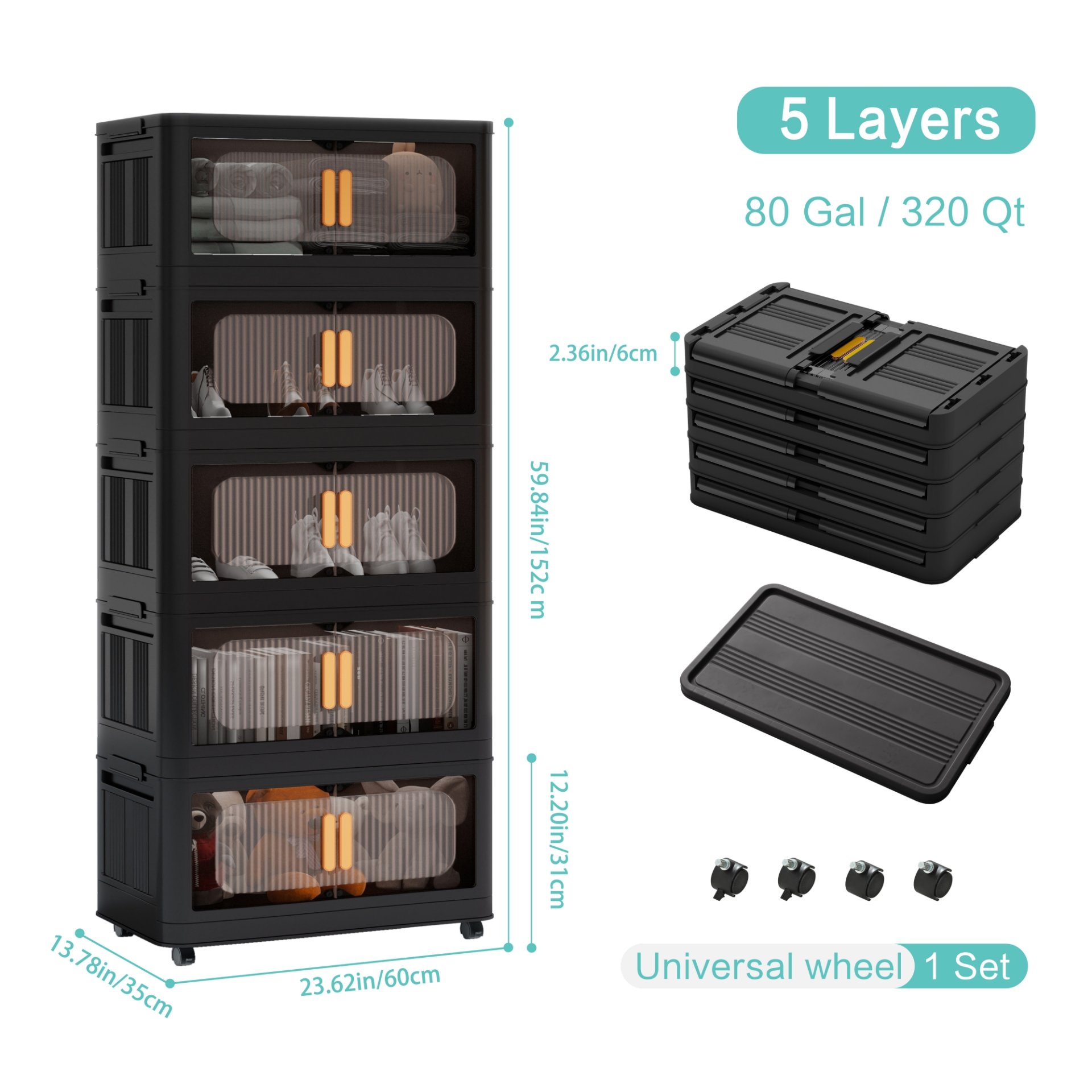 Folding Storage Cabinet 5 Tier Wide Plastic With Magnetic Doors And Wheels - Black - Image 3