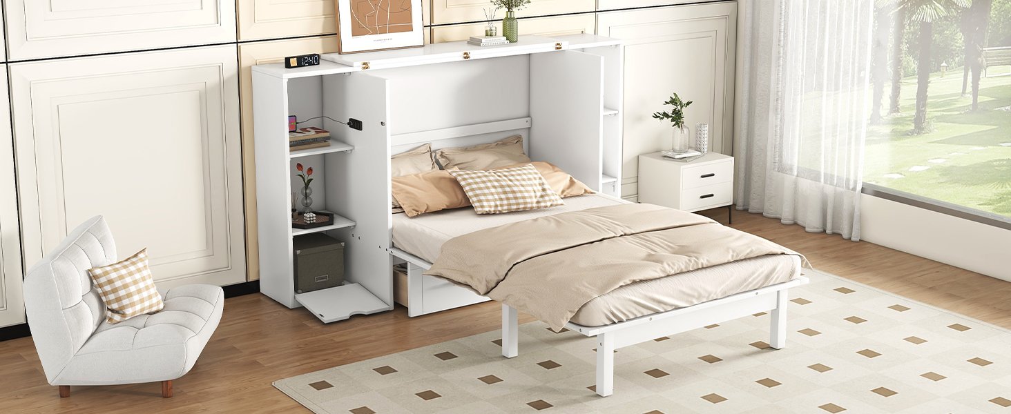 Queen Size Murphy Bed With Shelves, Drawers And USB Ports - White - Image 16