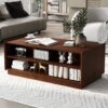 Modern Rectangle Coffee Table With 4 Drawers And 2 Display Shelves, Tempered Glass For Living Room - Brown - Image 4