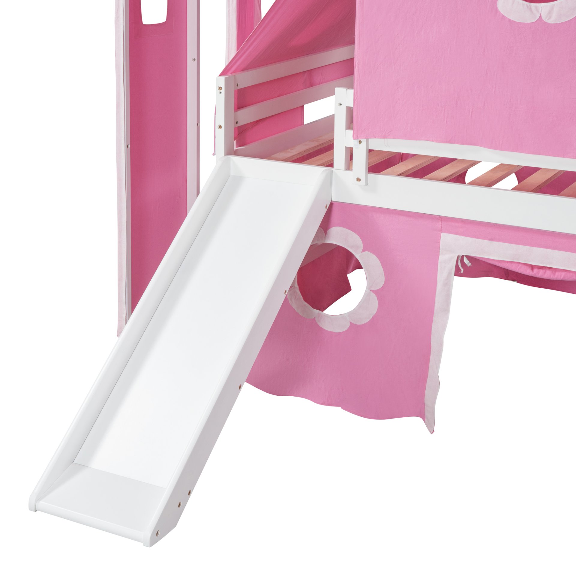 Full Size Loft Bed With Slide And Tent Tower Space Saving Fun Design For Kids - Pink - Image 12
