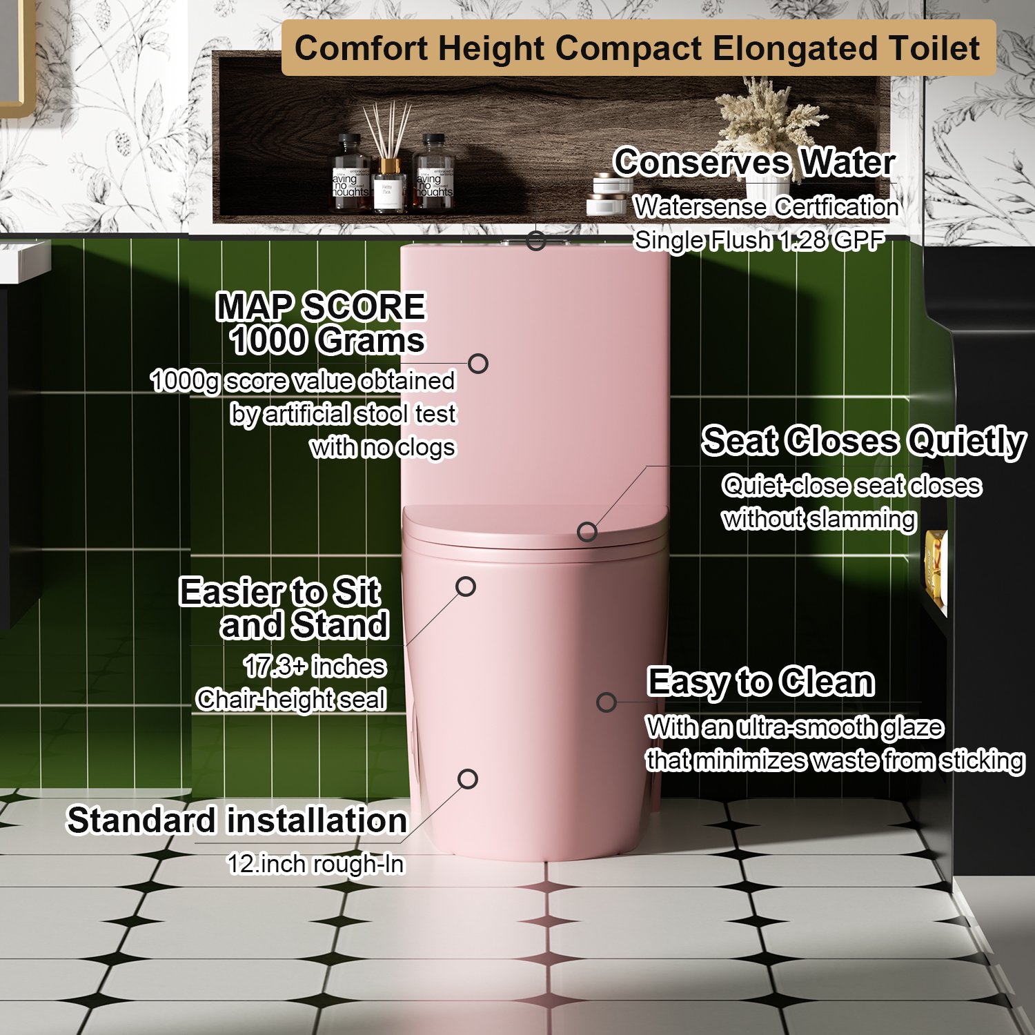 Fan Shaped Design 1 Piece Toilet With Elongated Bowl And Soft Close Seat, Dual Flush 1.1 / 1.6 Gpf - Pink Flower - Image 12