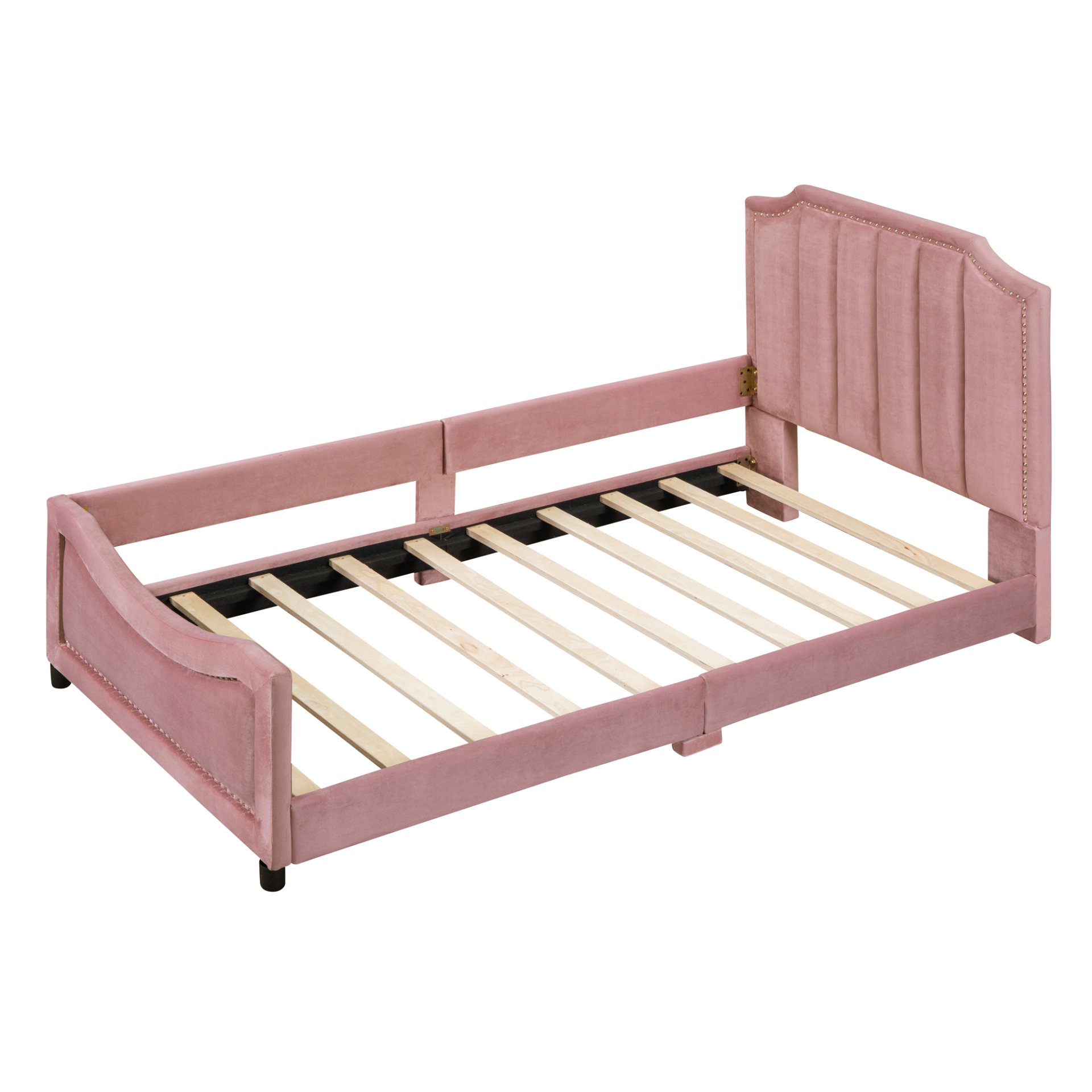 Twin Size Upholstered Daybed With Classic Stripe Shaped Headboard - Pink - Image 4