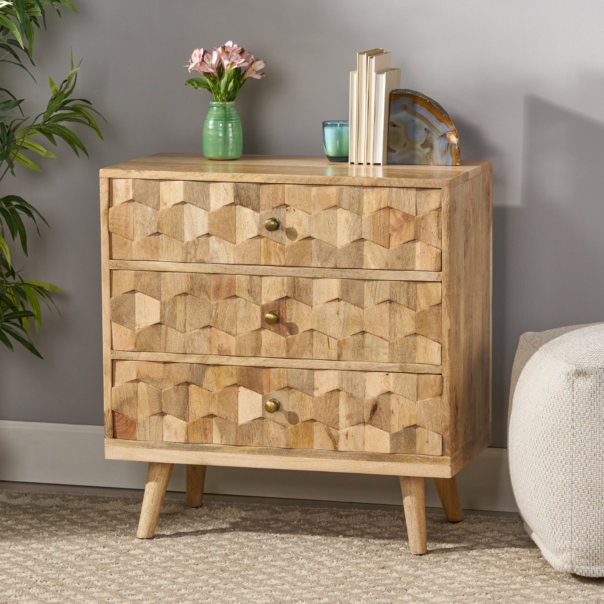Mid Century Modern Mango Wood 3 Drawer Chest With 3D Tile Weave Design - Natural - Image 2