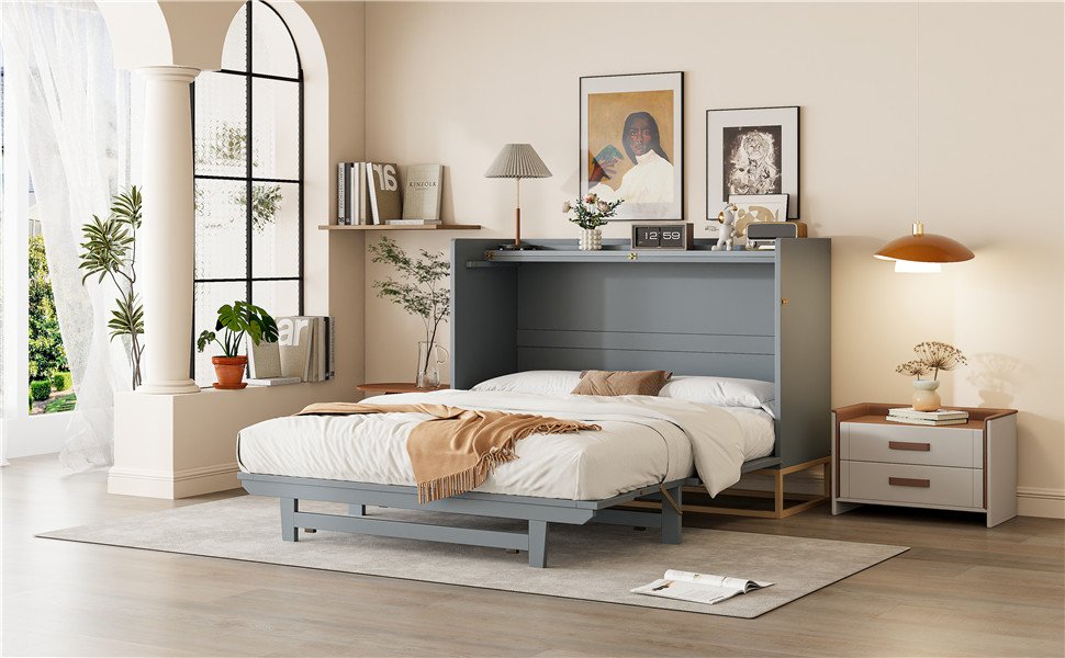 Queen Size Murphy Bed With Iron Legs, Modern Design - Gray - Image 23