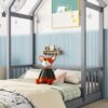 Full Roof Framed Headboard Floor Bed With Headboard Guardrails, Without Slats - Gray - Image 6