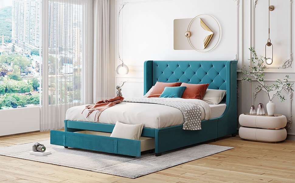 Queen Size Storage Upholstered Platform Bed With Wingback Headboard And A Big Drawer - Blue - Image 4