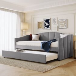 Twin Size Upholstered Daybed Sofa Bed With Trundle And Slat - Gray