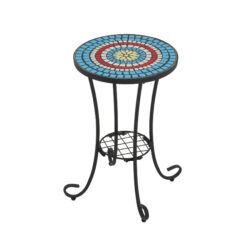 Vibrant Patio Side Table With Shelf, Floral Design Ceramic Tile - Blue / Black