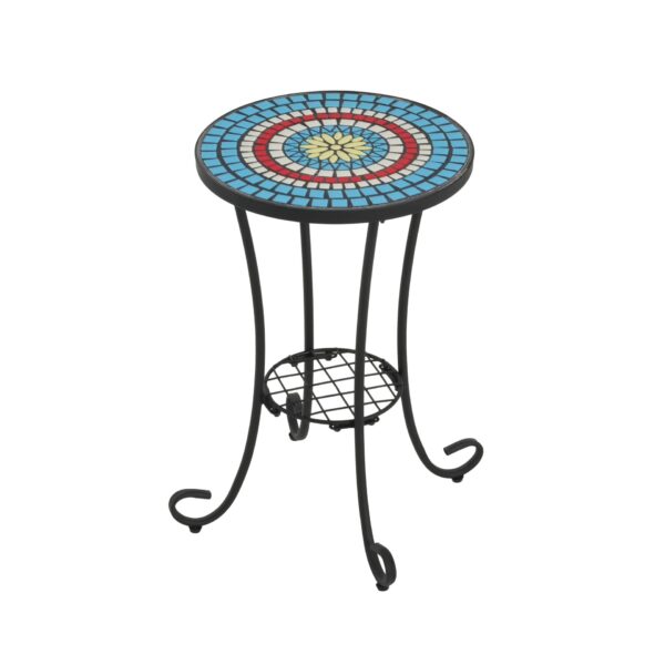 Vibrant Patio Side Table With Shelf, Floral Design Ceramic Tile - Blue / Black