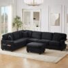Upholstered U Shaped Sectional Sofa With Movable Ottoman And Side Storage Pockets - Black - Image 8