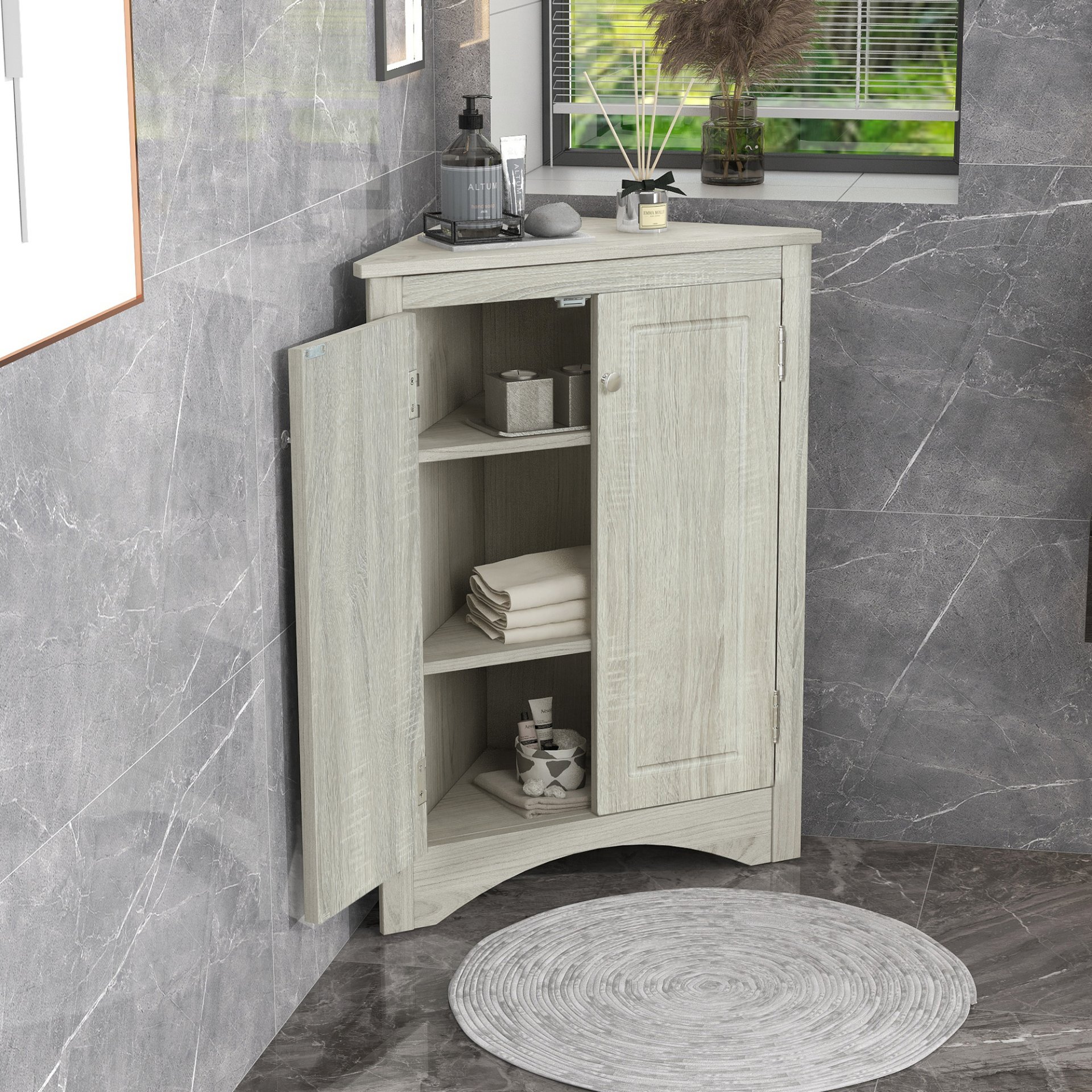 Triangle Bathroom Storage Cabinet With Adjustable Shelves, Freestanding Floor Cabinet For Home Kitchen - Oak - Image 3