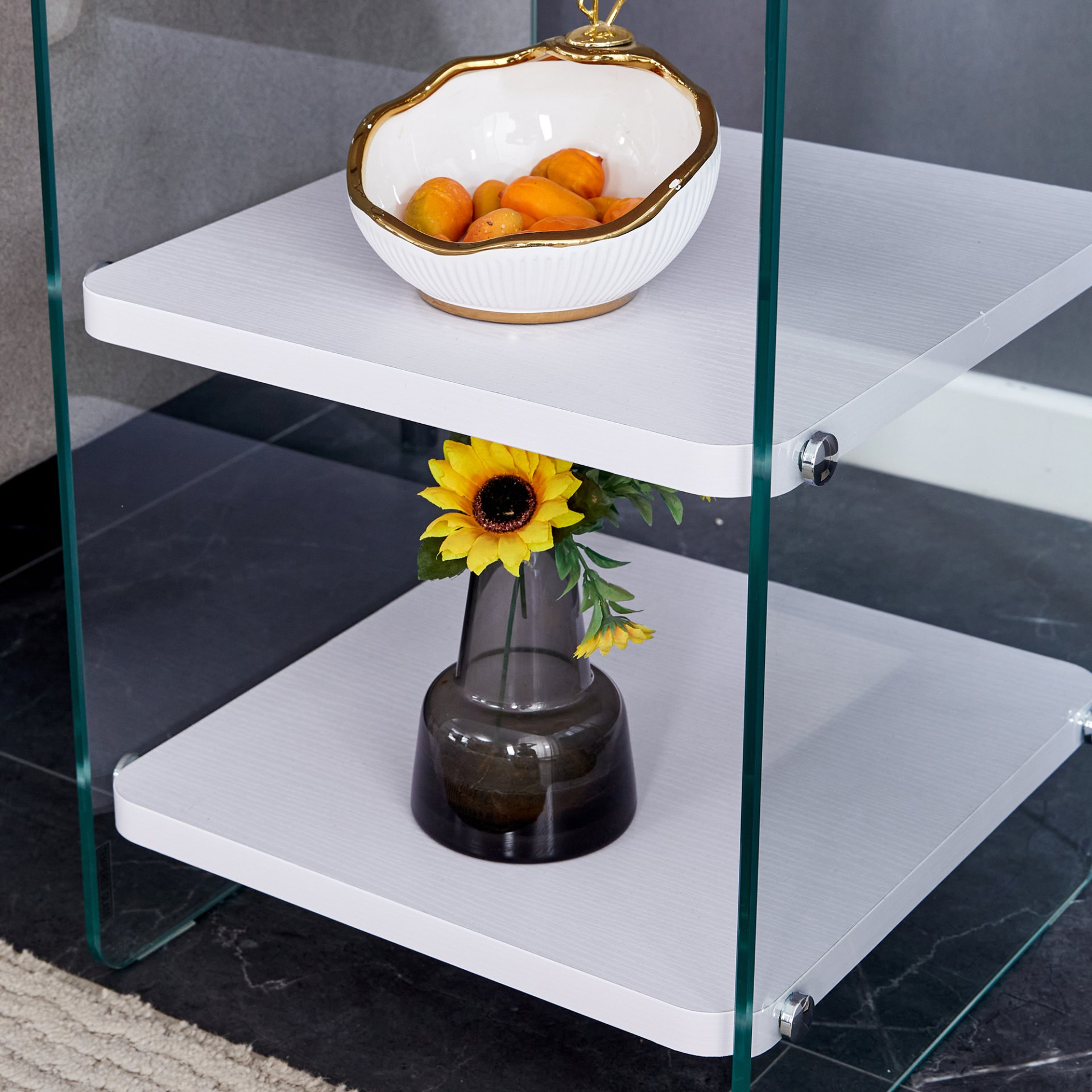 Simple Elegant Bedside Table With Storage Function And Tempered Glass - White - Image 11