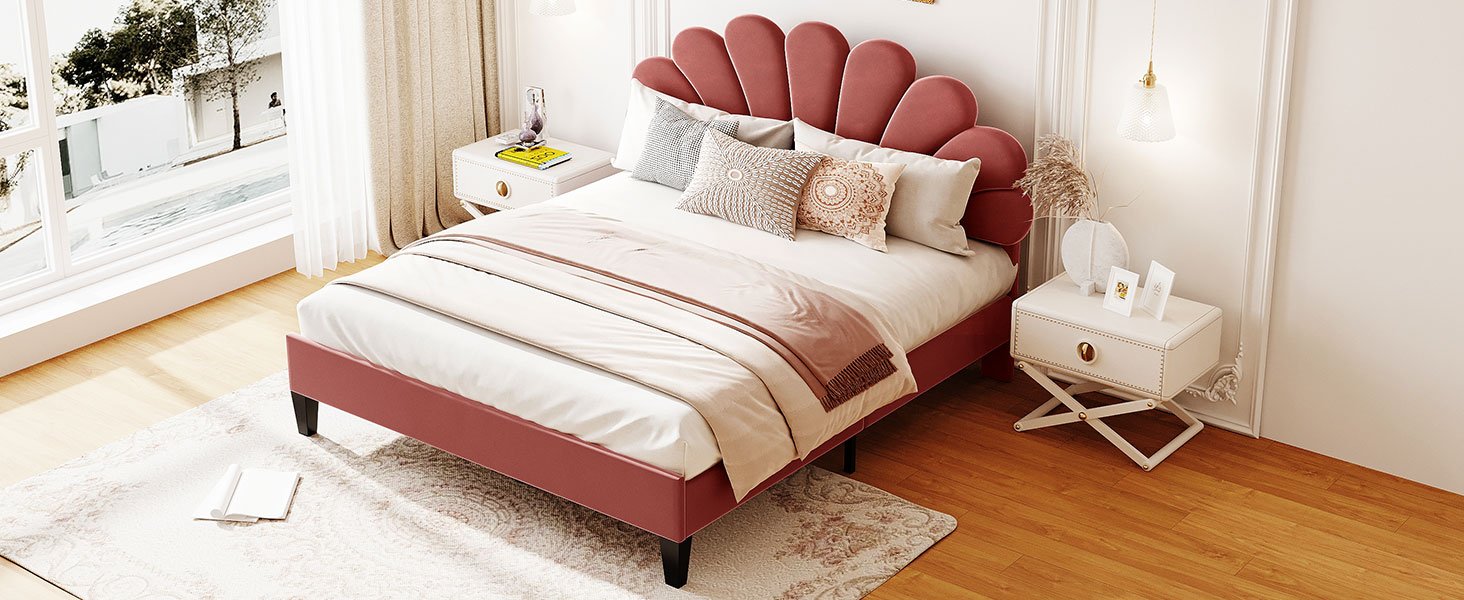 Queen Size Upholstered Platform Bed With Flower Pattern Headboard - Bean Paste Red - Image 12