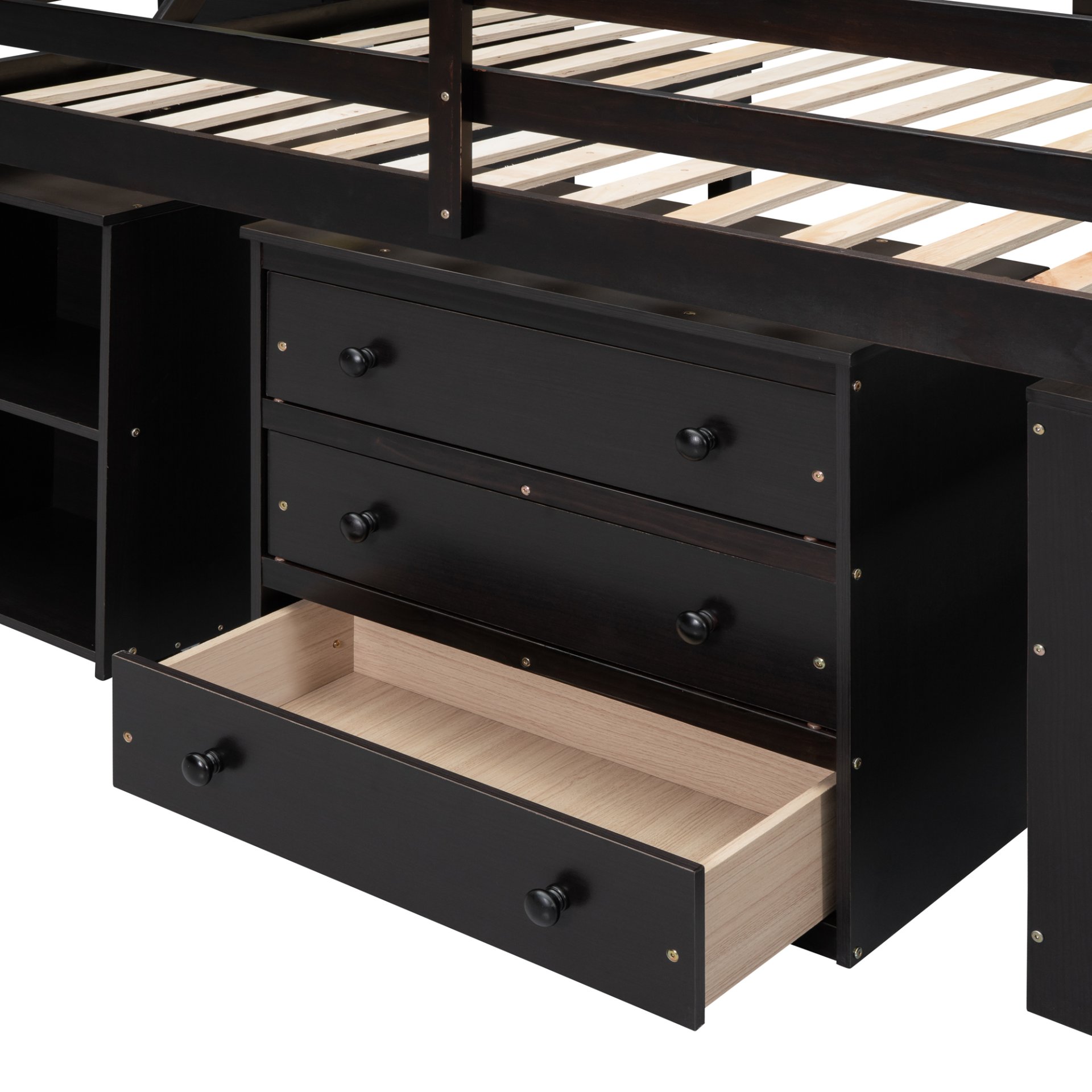 Full Size Loft Bed With Retractable Writing Desk And 3 Drawers With Storage Stairs And Shelves - Espresso - Image 17