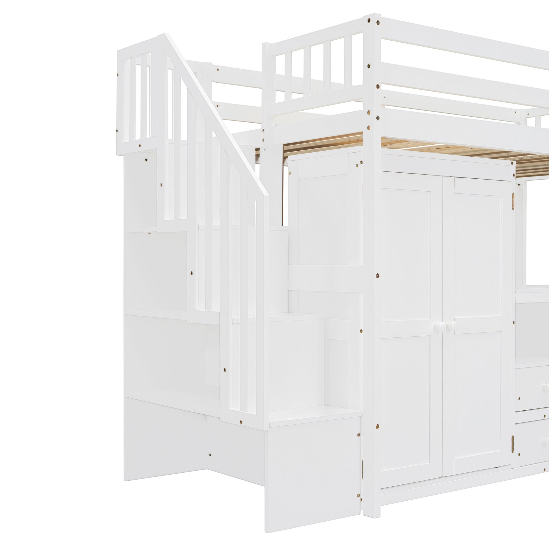 Twin Size Loft Bed With Stairs, Bookshelf, Drawers, Desk & Wardrobe, Space Saving Multifunctional Furniture - White - Image 9