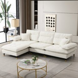 L Shaped Convertible Sectional Sofa 4 Seat Tufted Couch Set With Two Tone Adjust Legs Cloud Movable Ottoman - White