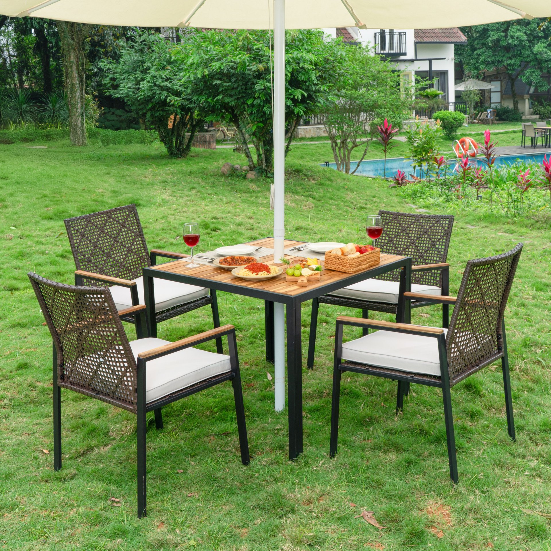 All Weather 5 Piece Patio Dining Table Set, Acacia Wood Table Top With Umbrella Hole, Rattan Outdoor - Coffee Brown - Image 2