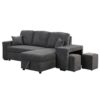 Reversible Sleeper Sectional Sofa Bed With Side Shelf And 2 Stools, Pull-Out L-Shaped Sofa Bed, Corner Sofa-Bed With Storage Chaise Left / Right Hande For Living Room - Blue / Black - Image 4