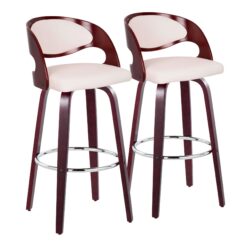 Pino - Mid-Century Modern Fixed Height Barstool With Swivel With Round Footrest (Set of 2) - Cherry / White