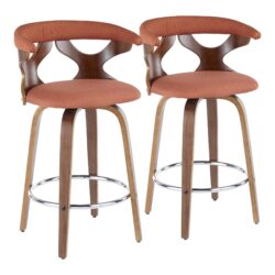 Gardenia - Mid-Century Modern Fixed Height Counter Stool With Swivel (Set of 2) - Walnut / Orange
