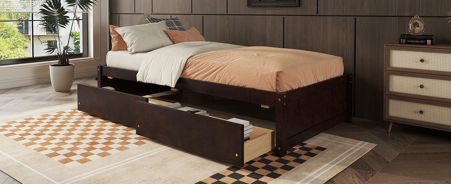 Twin Bed With 2 Drawers, Solid Wood, No Box Spring Needed - Espresso - Image 8
