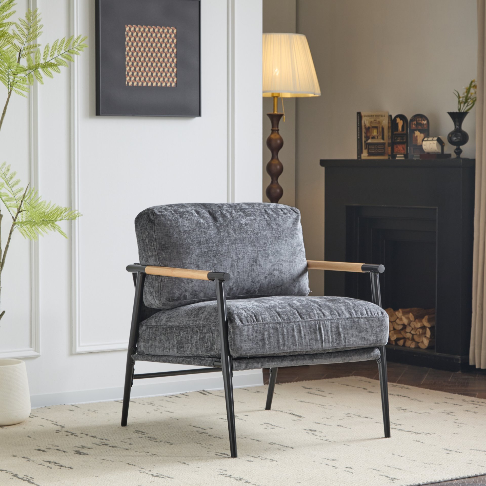 Modern Accent Chair With Plush Cushions, Minimalist Metal Frame, Wooden Armrest - Gray - Image 4