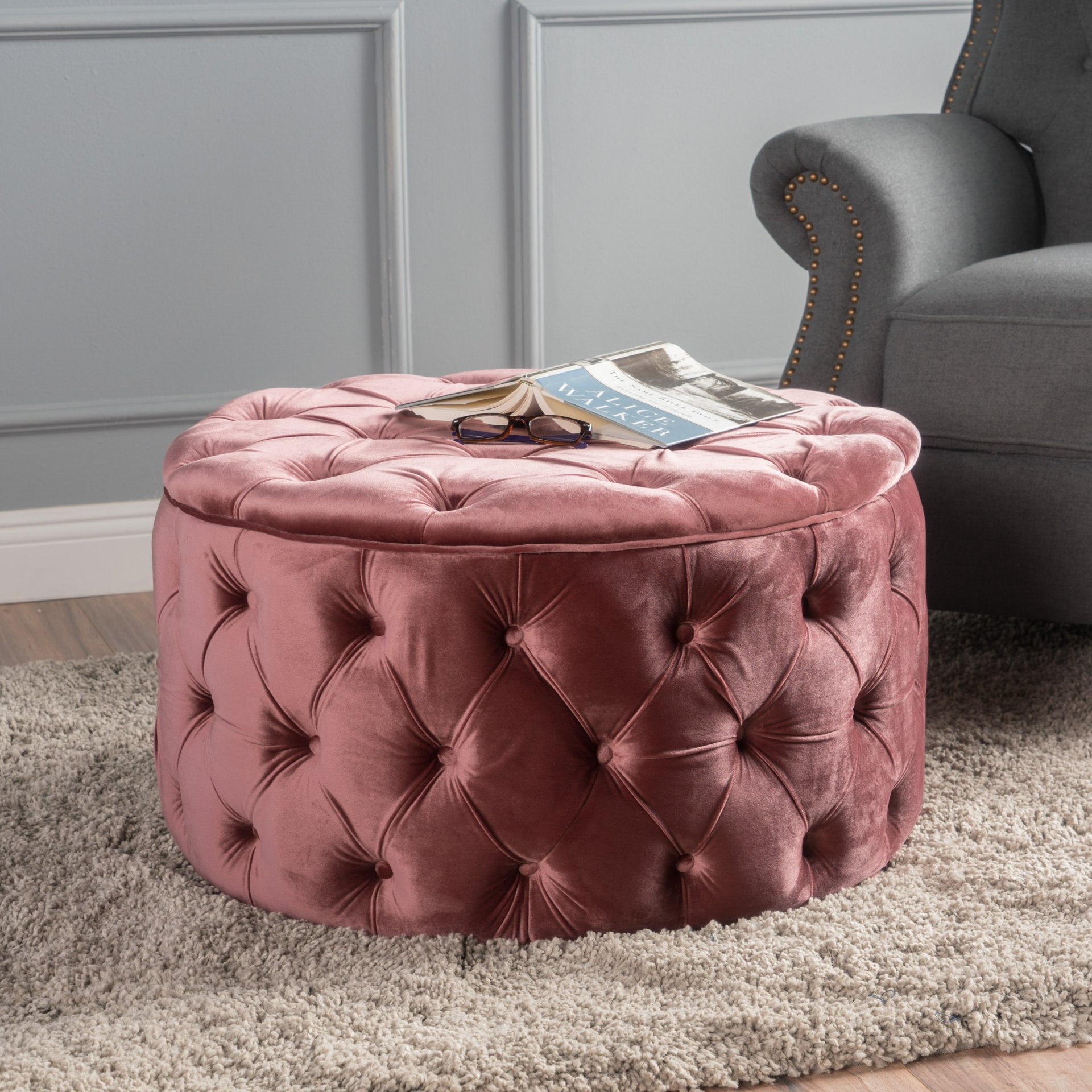 Modern Glam Ottoman With Button Tufted Diamond Stitch - Blush - Image 5