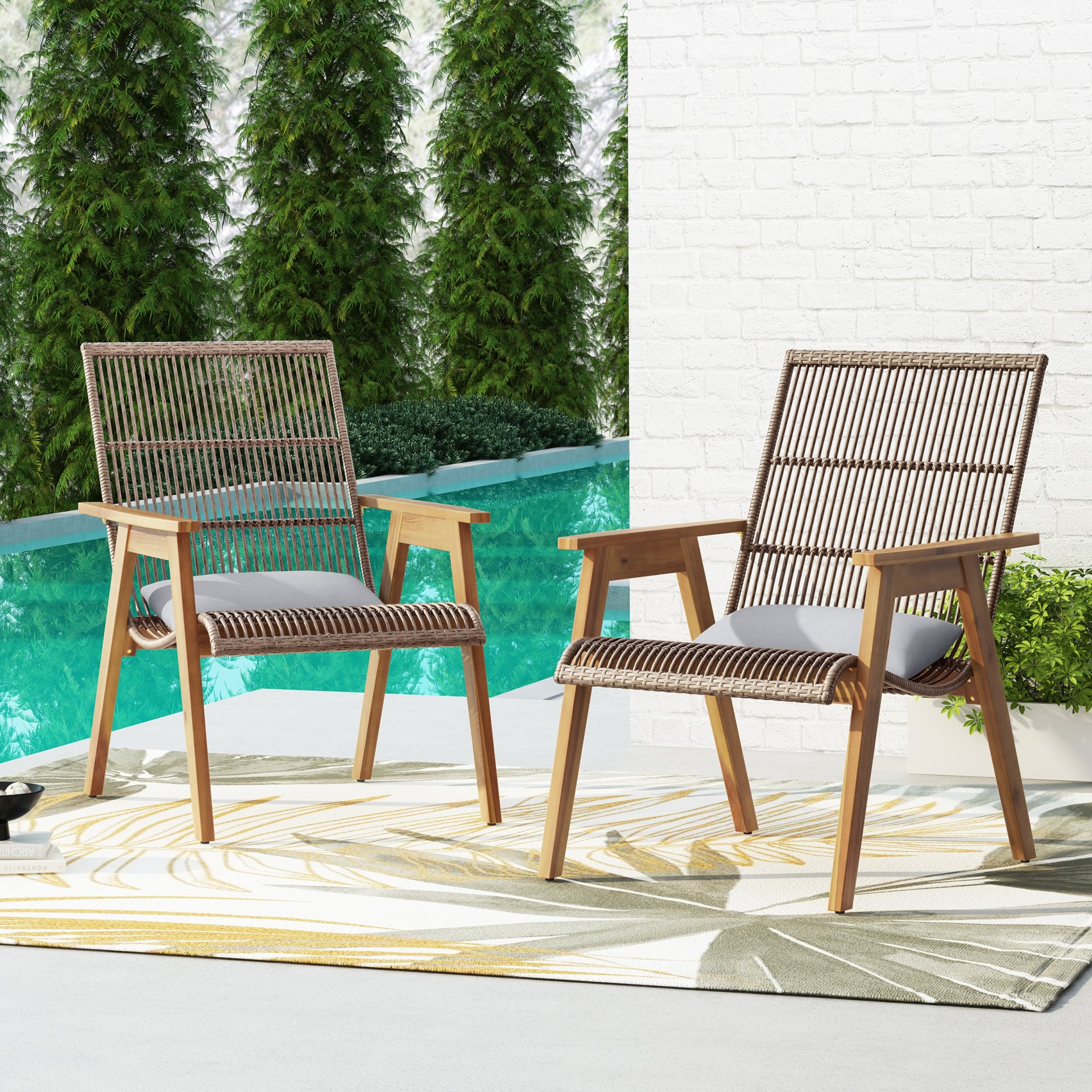 Acacia Wood Cape Woven Wicker Large Lounge Chair With Pillow For Patio, Deck, Yard, Lawn And Garden Seating Wicker (Set of 2) - Teak - Image 6