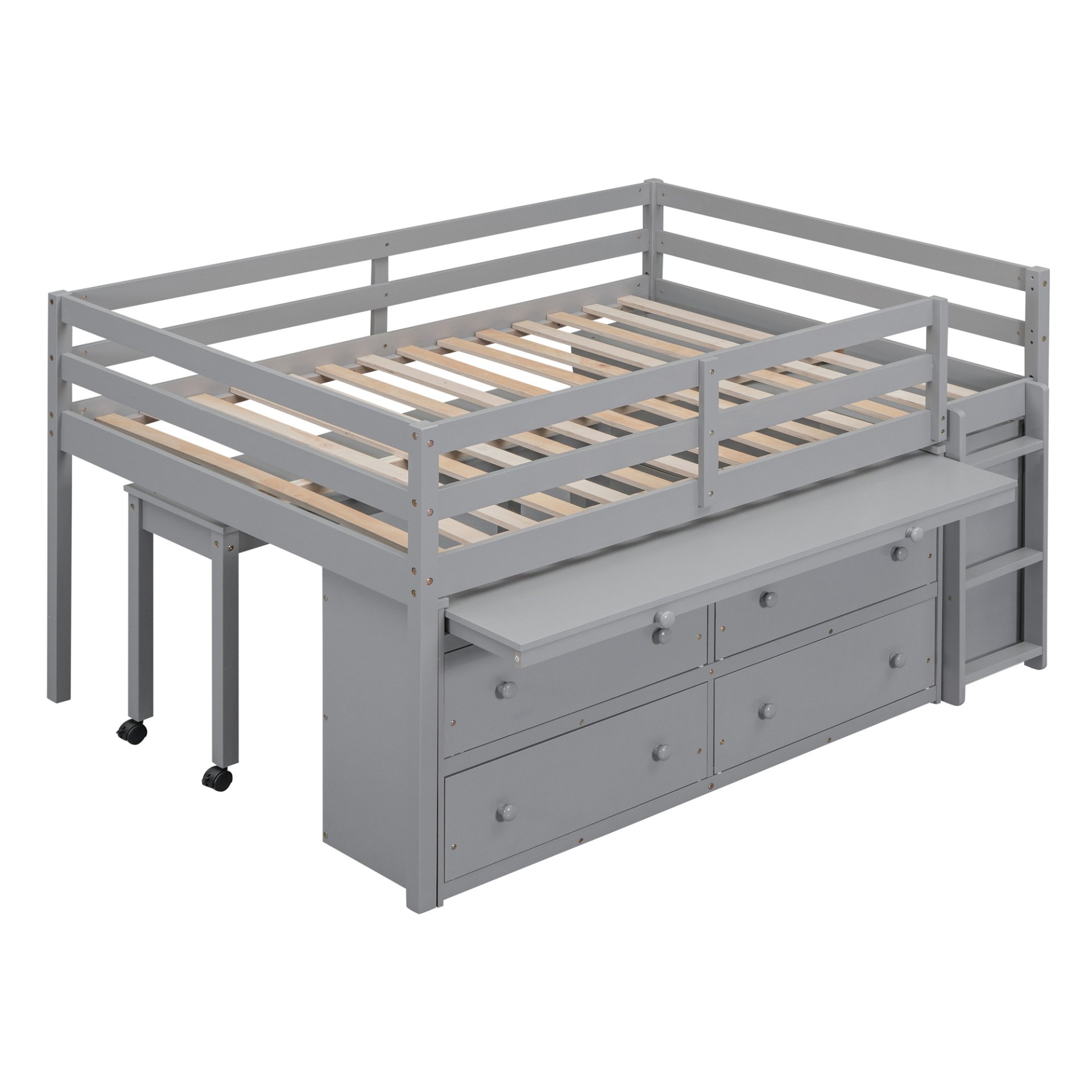 Full Size Loft Bed With Retractable Writing Desk And 4 Drawers, With Lateral Portable Desk And Shelves - Gray - Image 6