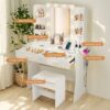 Vanity Desk Set With Mirror & Adjustable Lights Power Outlet And Hair Dryer Rack 2 Drawers And 6 Shelves Includes Cushioned Stool - White - Image 5