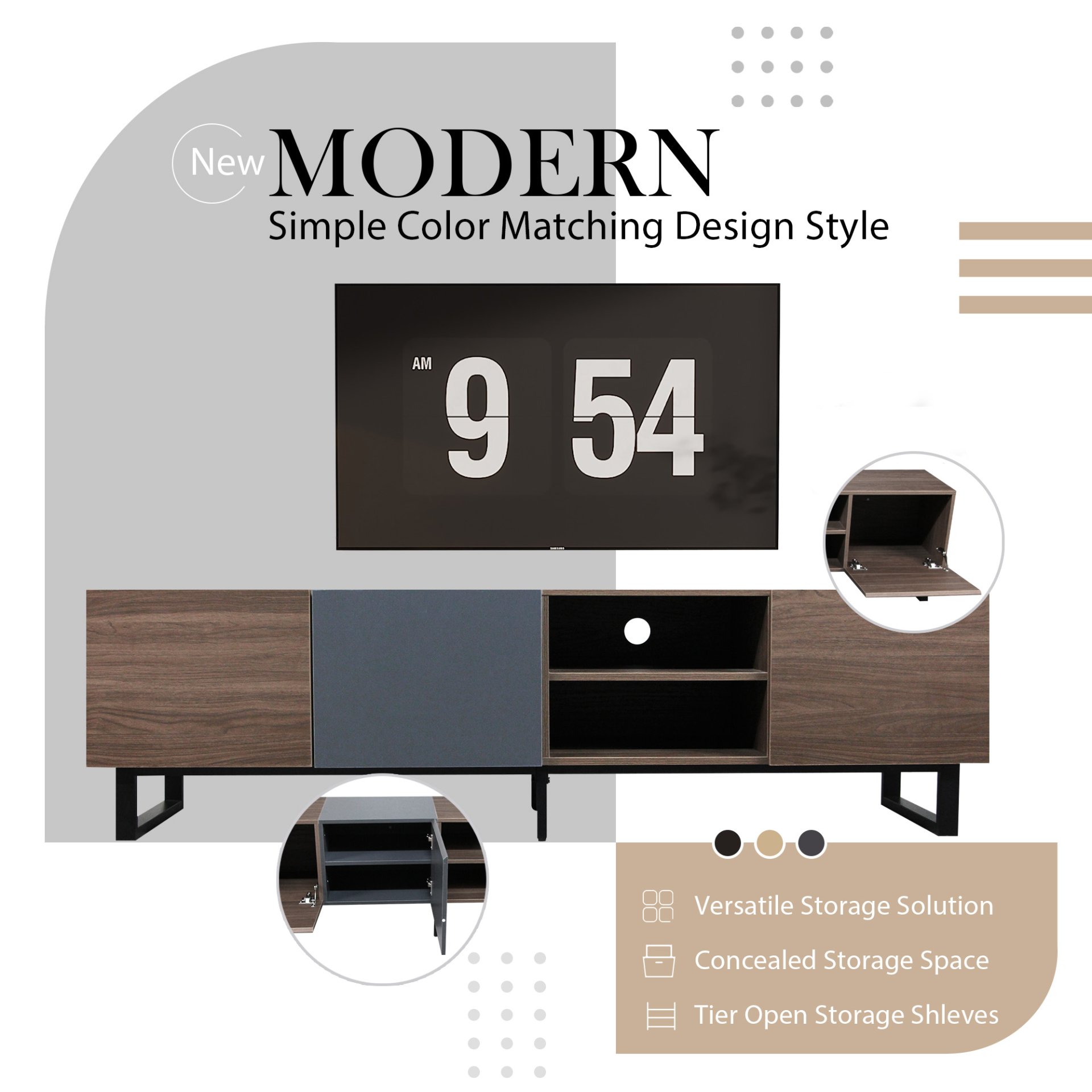 Modern TV With 3 Cabinets & Open Shelves, Color-Matching Media Console Table For Tvs Up To 80'', Entertainment Center With Drop Down Door For Living Room - Dark Brown - Image 5