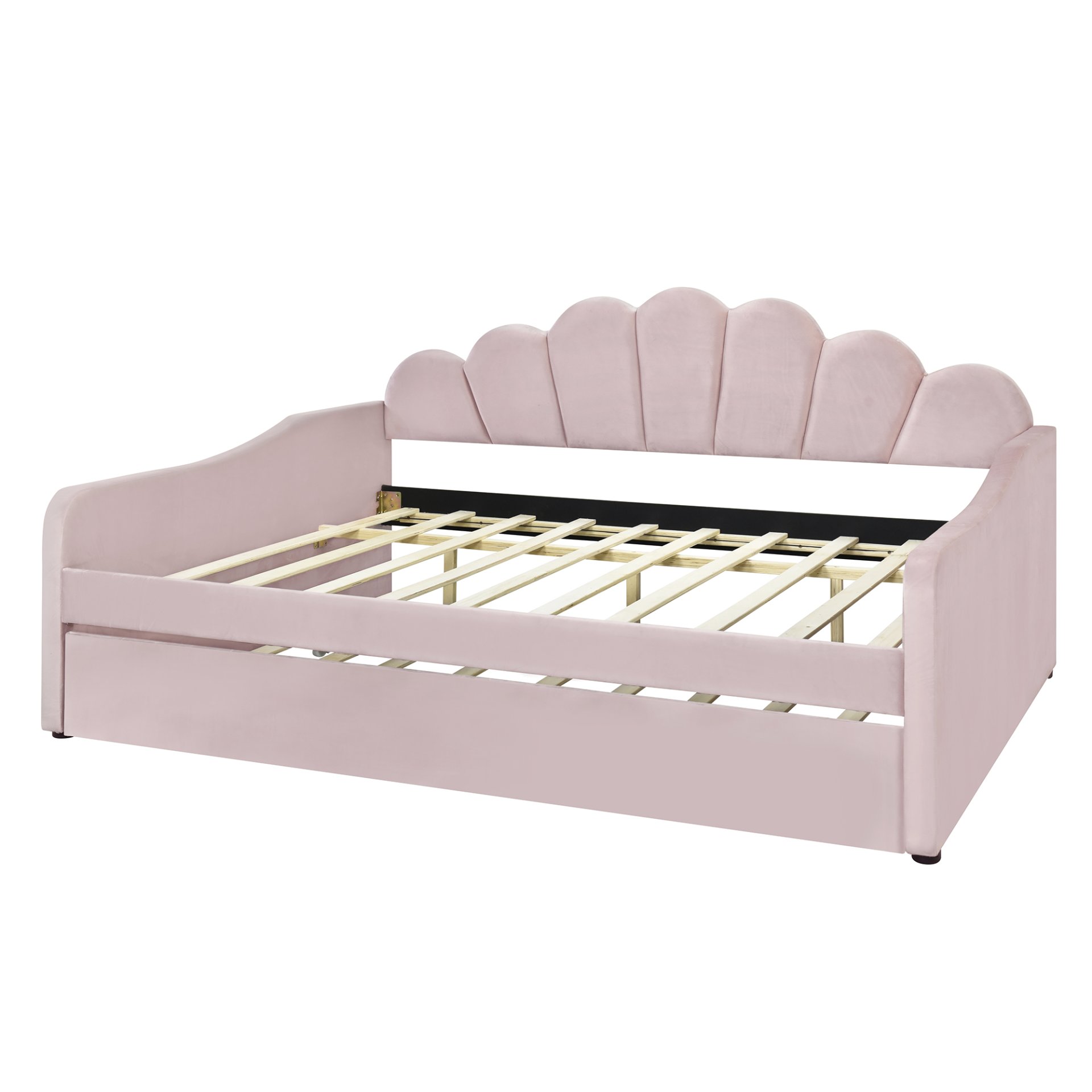 Full Size Upholstery Daybed Frame With Shell Shaped Backrest And Trundle - Pink - Image 10