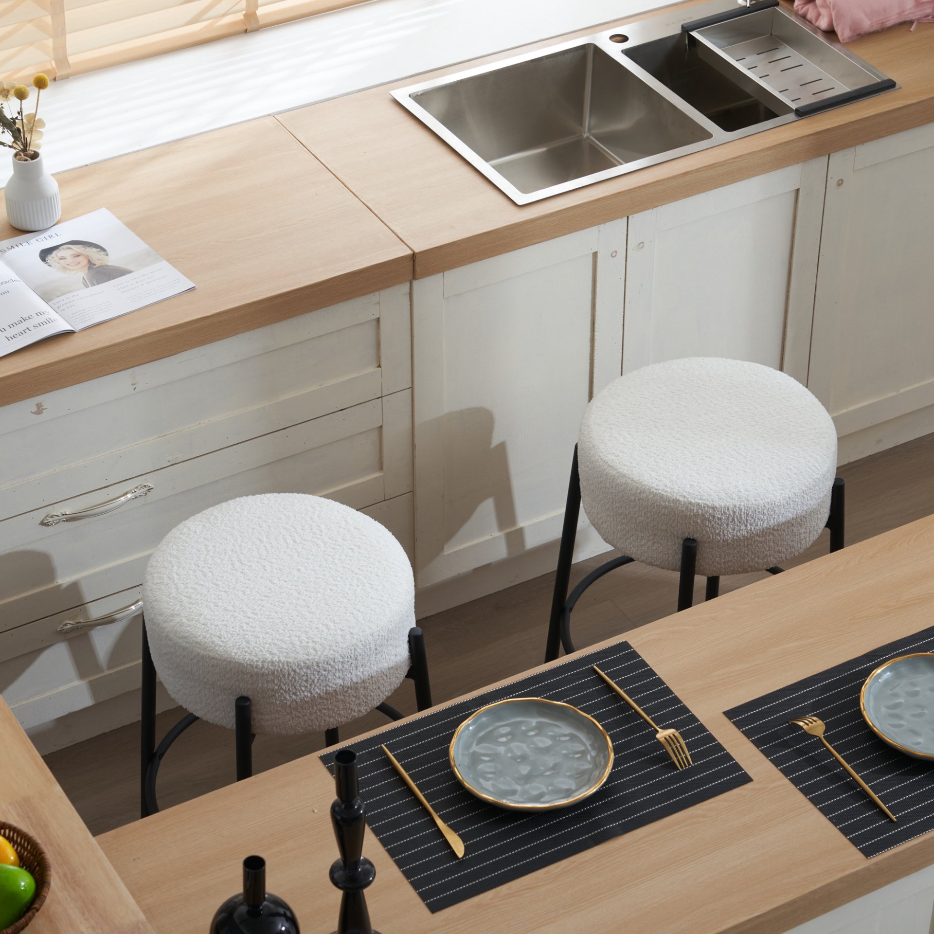 Round Bar Stools (Set of 2), Contemporary Upholstered Dining Stools For Kitchens, Coffee Shops And Bar Stores - White - Image 14