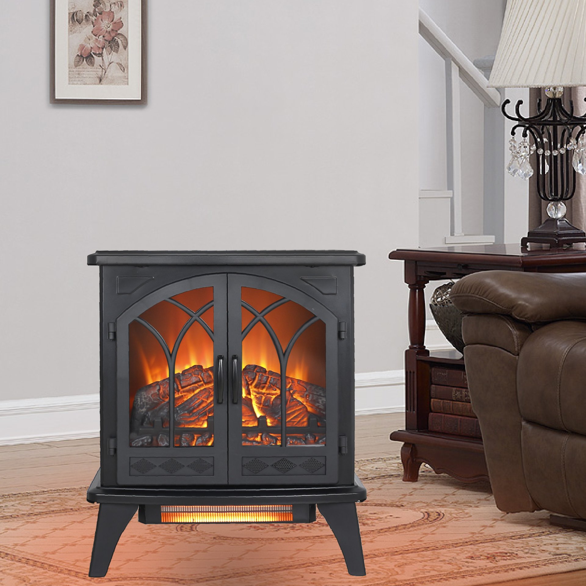 24" 3D Flame Electric Infrared Quartz Fireplace Stove With Remote Control - Antique Black - Image 2