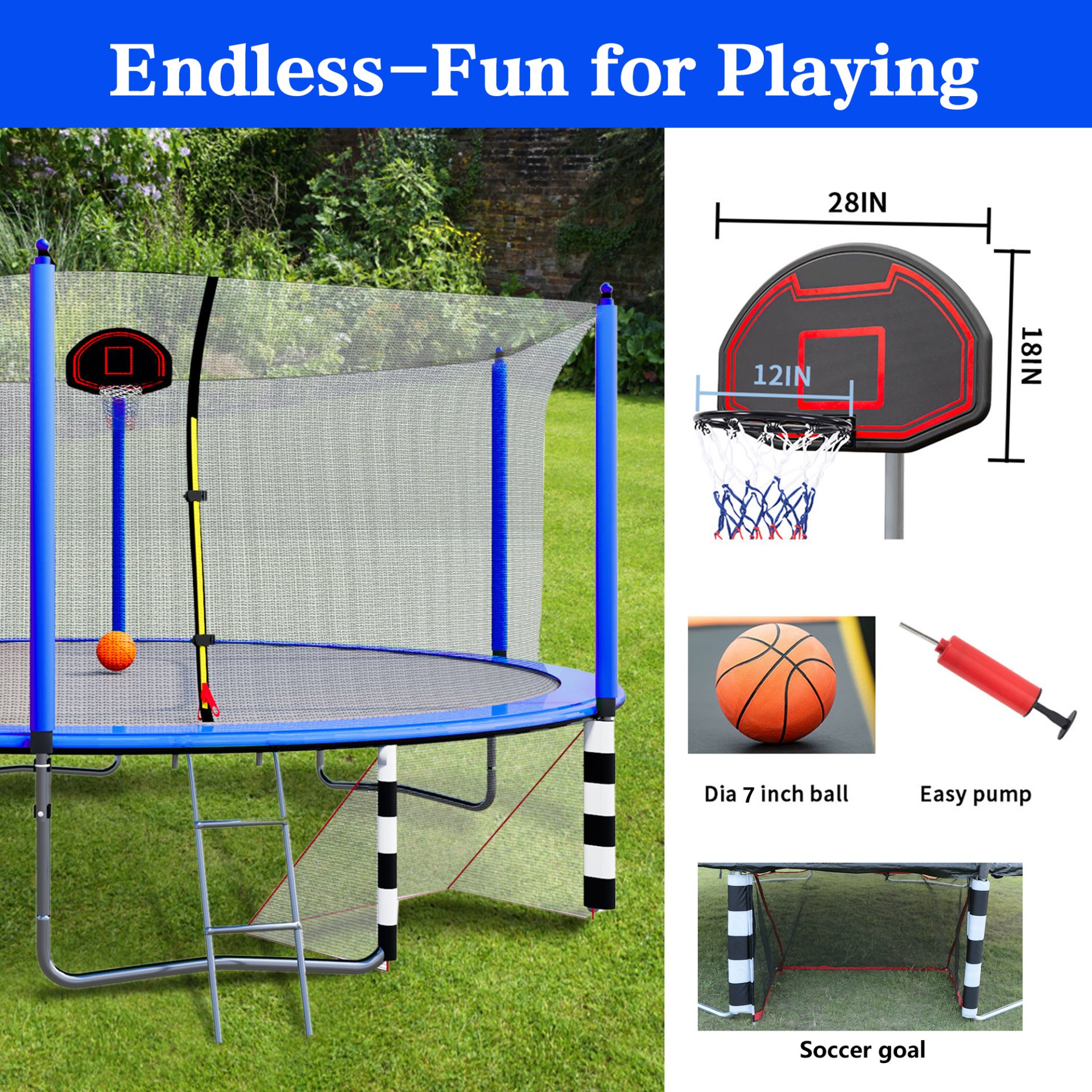 16Ft Trampoline With Basketball Hoop Pump And Ladder (Inner Safety Enclosure) With Soccer Goal - Blue - Image 7