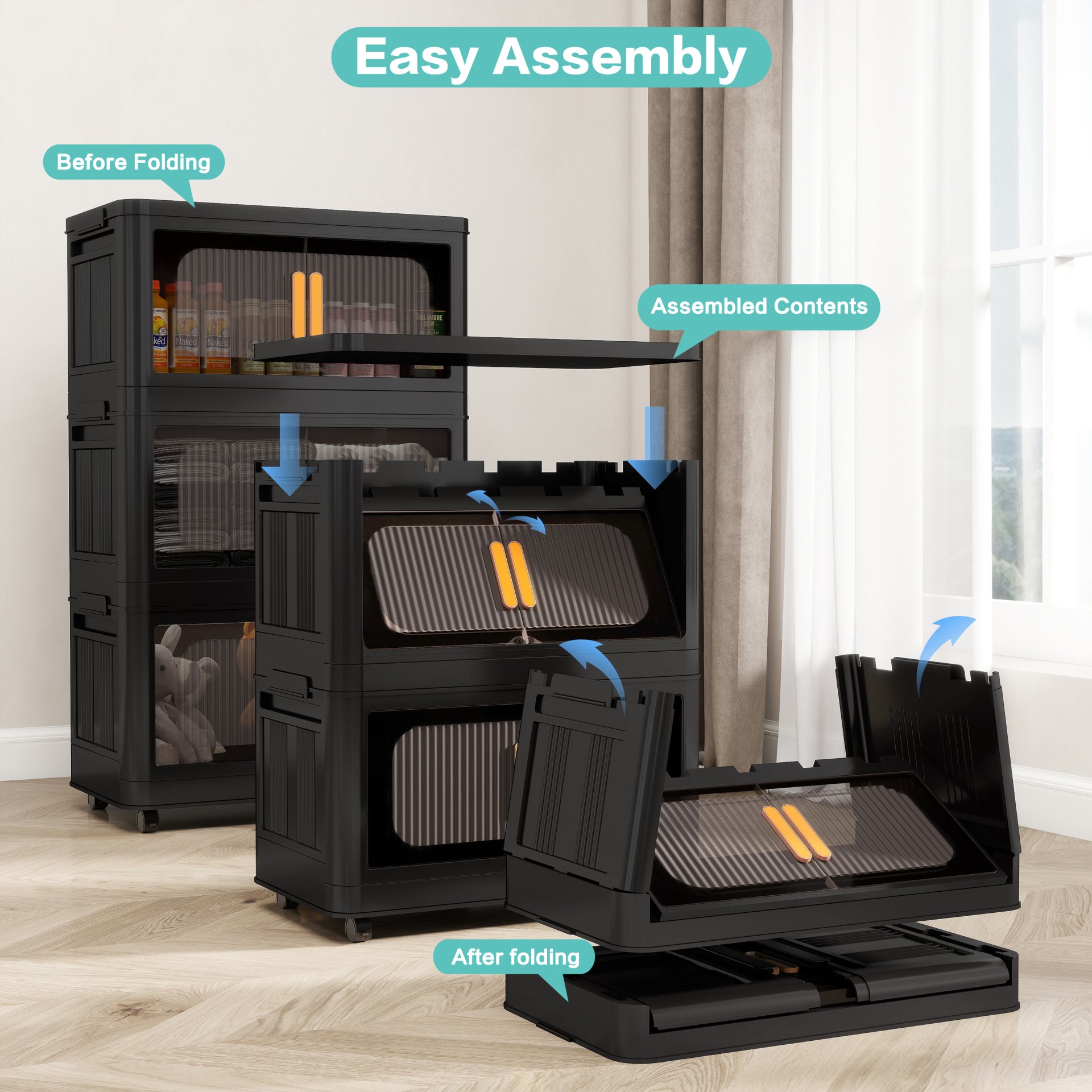 Folding Storage Cabinet 5 Tier Wide Plastic With Magnetic Doors And Wheels - Black - Image 15