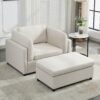 Wide Modern Oversized Armchair With Ottoman Stool, Single Sofa With Lumbar Support, Accent Chair, Reading Chair For Bedroom, Living Room - Cream - Image 10