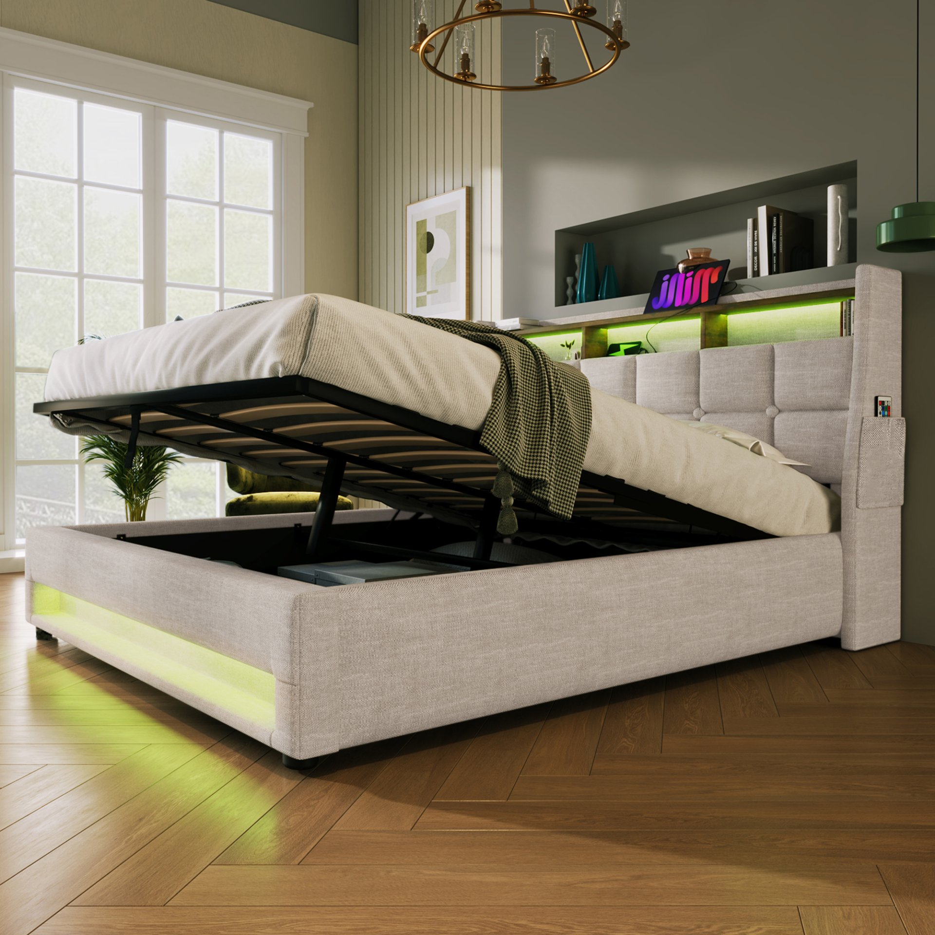 Full Size Upholstered Platform Bed With A Hydraulic Storage System, LED And USB Charging (Without Mattress) - Natural - Image 5