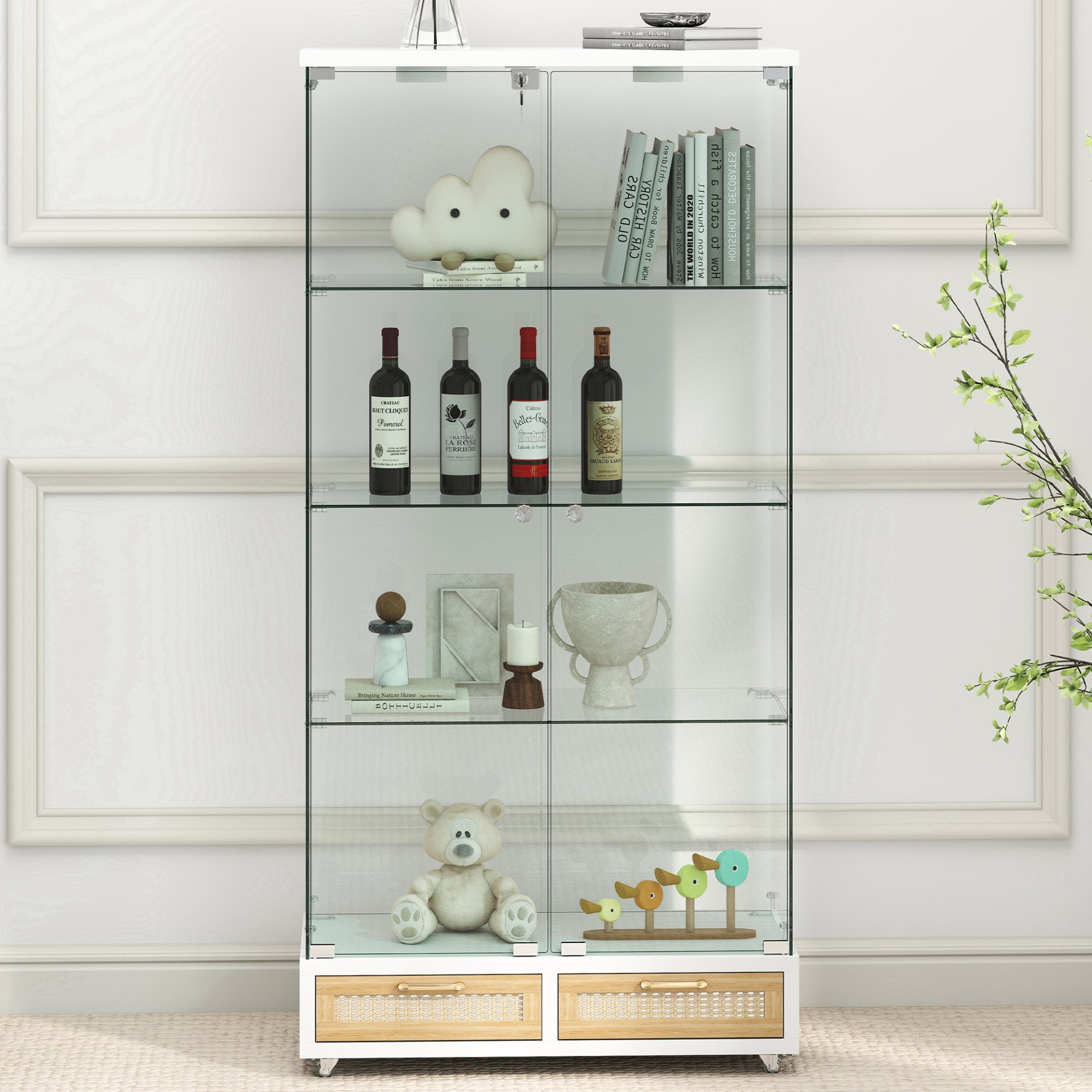 Glass Display Cabinet With LED Lights, Tempered Glass Doors, Large Drawers, 2 Door Storage Case With 4 Shelves - Natural / White - Image 5