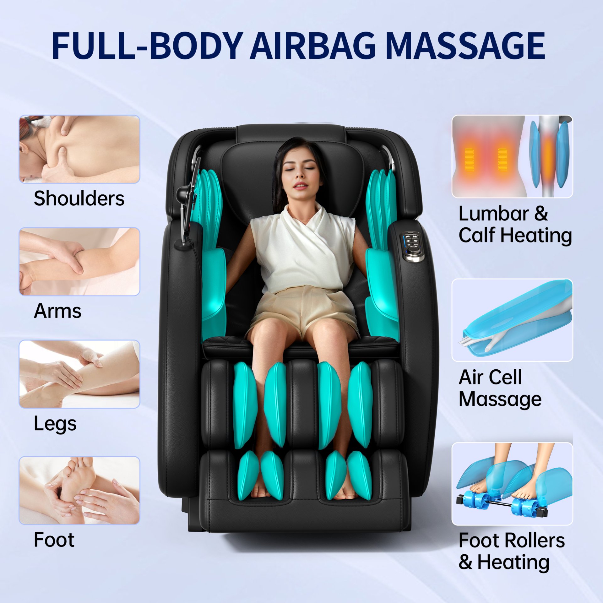 Full Body Massage Chair, Full Body Zero Gravity With 3D Massage Mechanism, 6 Auto Massage Mode, Waist And Calf Heater, Foot Roller, Bluetooth Speaker - Black - Image 5