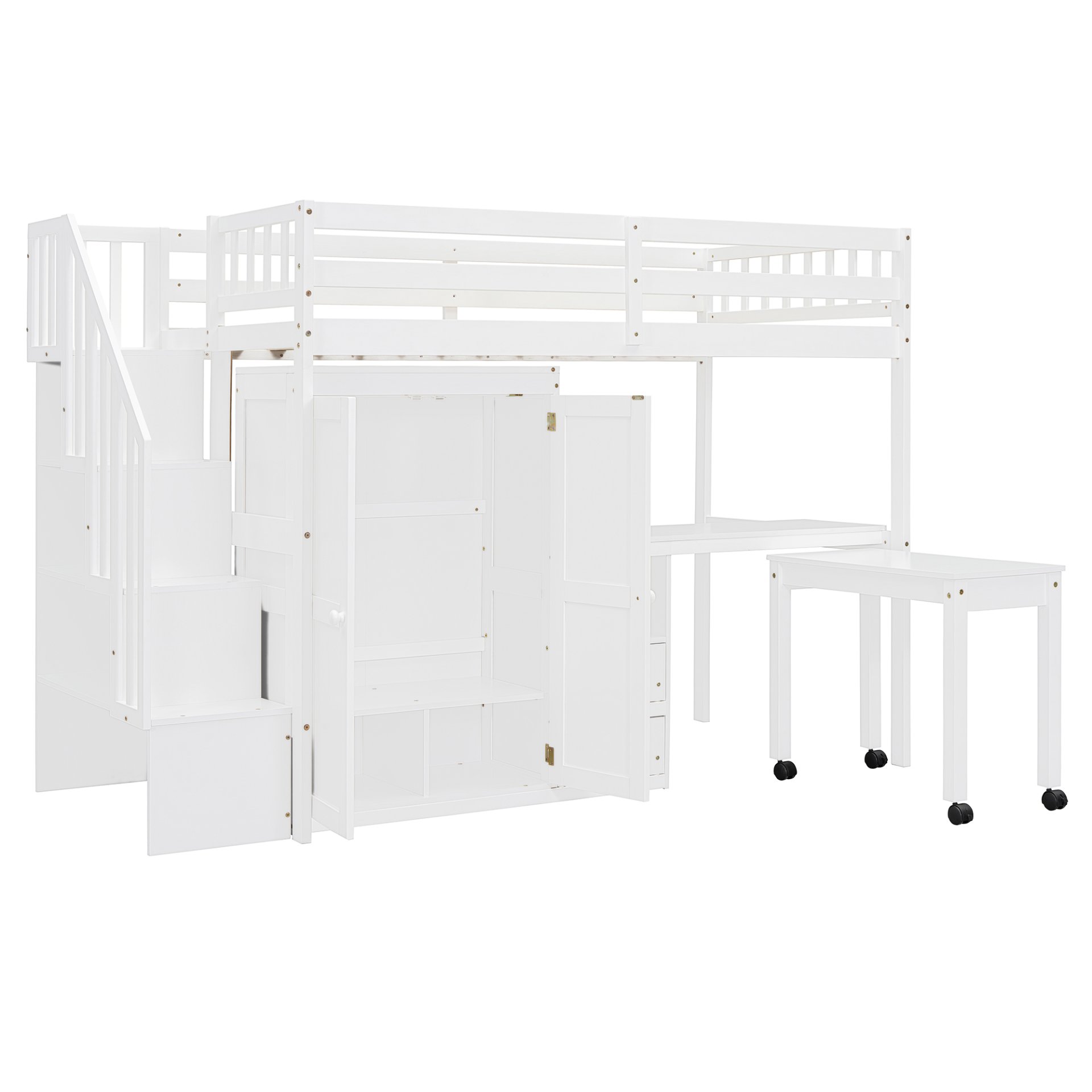 Twin Size Loft Bed With Stairs, Bookshelf, Drawers, Desk & Wardrobe, Space Saving Multifunctional Furniture - White - Image 13