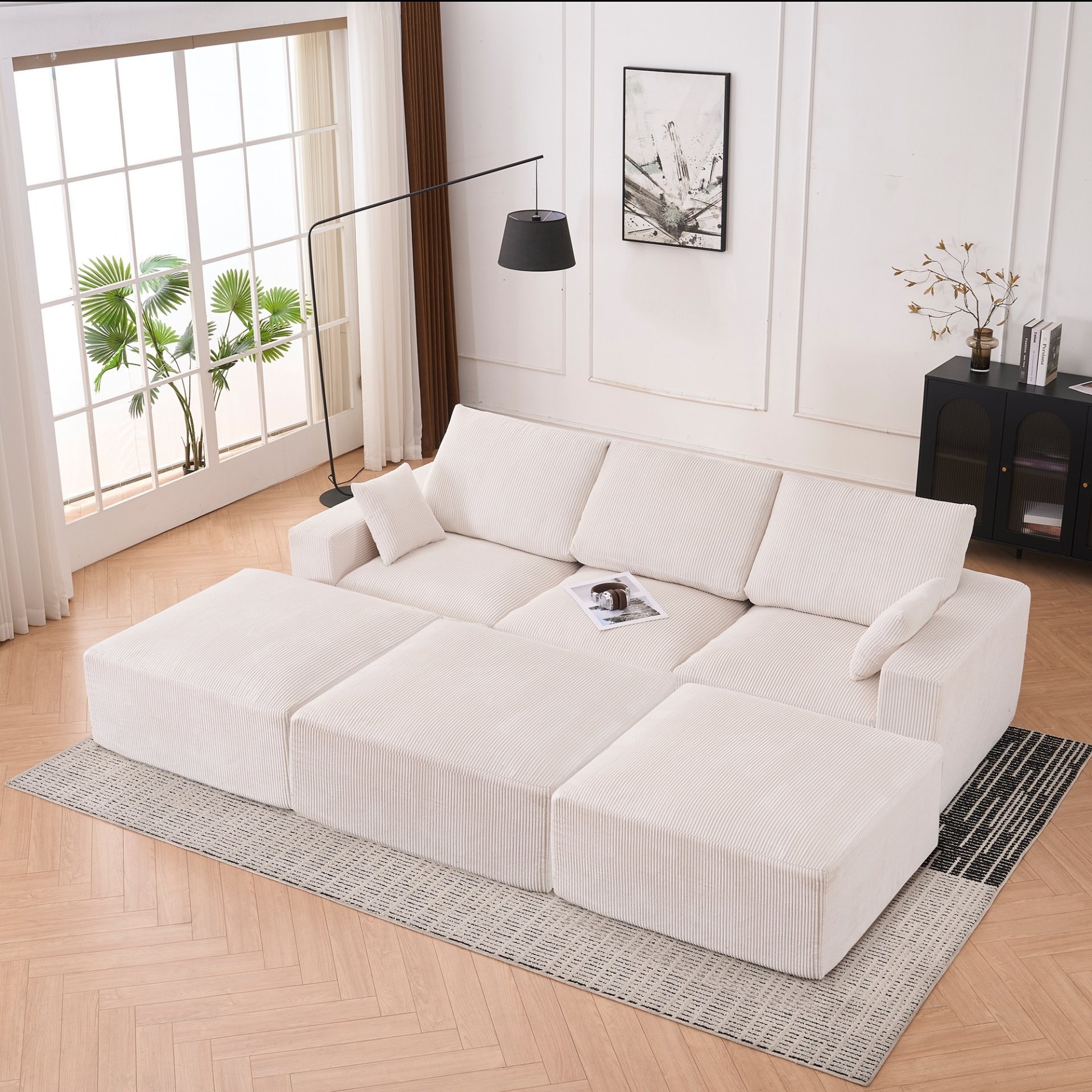 Modular Sectional Sofa, L Shape With Extra Wide Seat Cushion, USB And Type C Charger, Petal Armrest Design, Free Movement Ottoman - Beige / White - Image 26