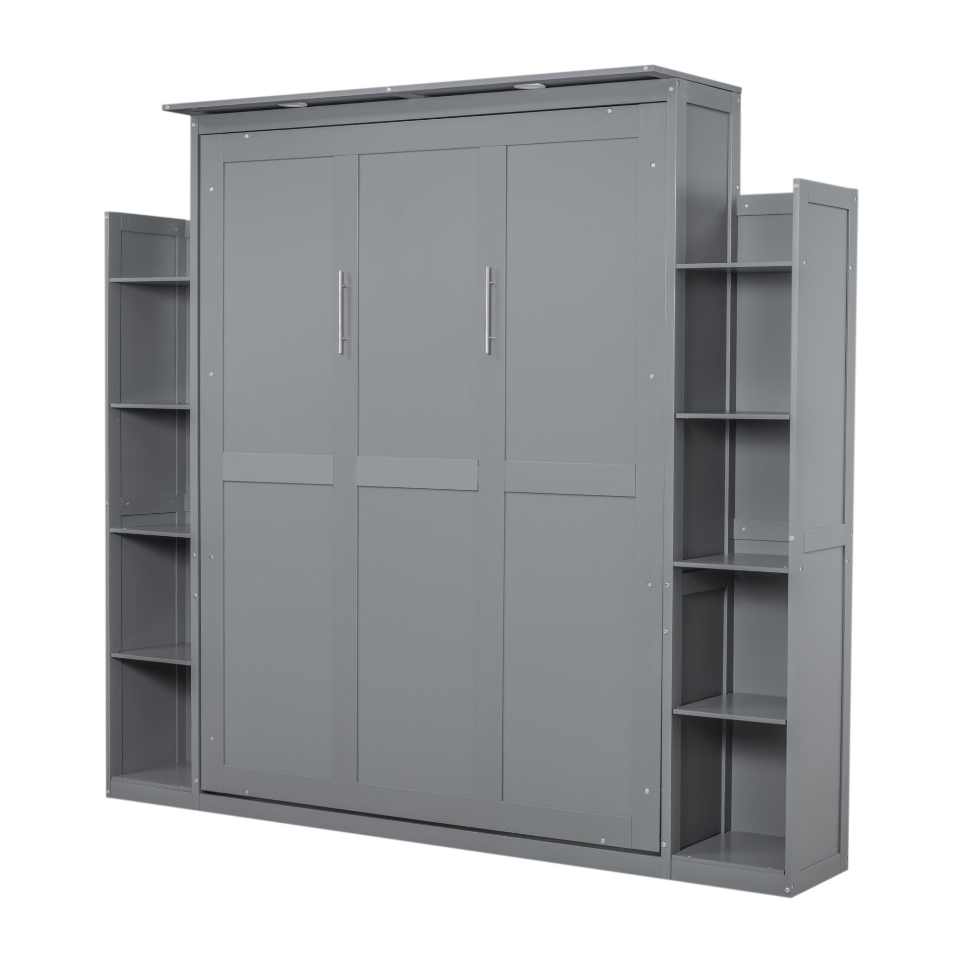 Queen Size Murphy Wall Bed With Shelves And LED Lights - Gray - Image 5