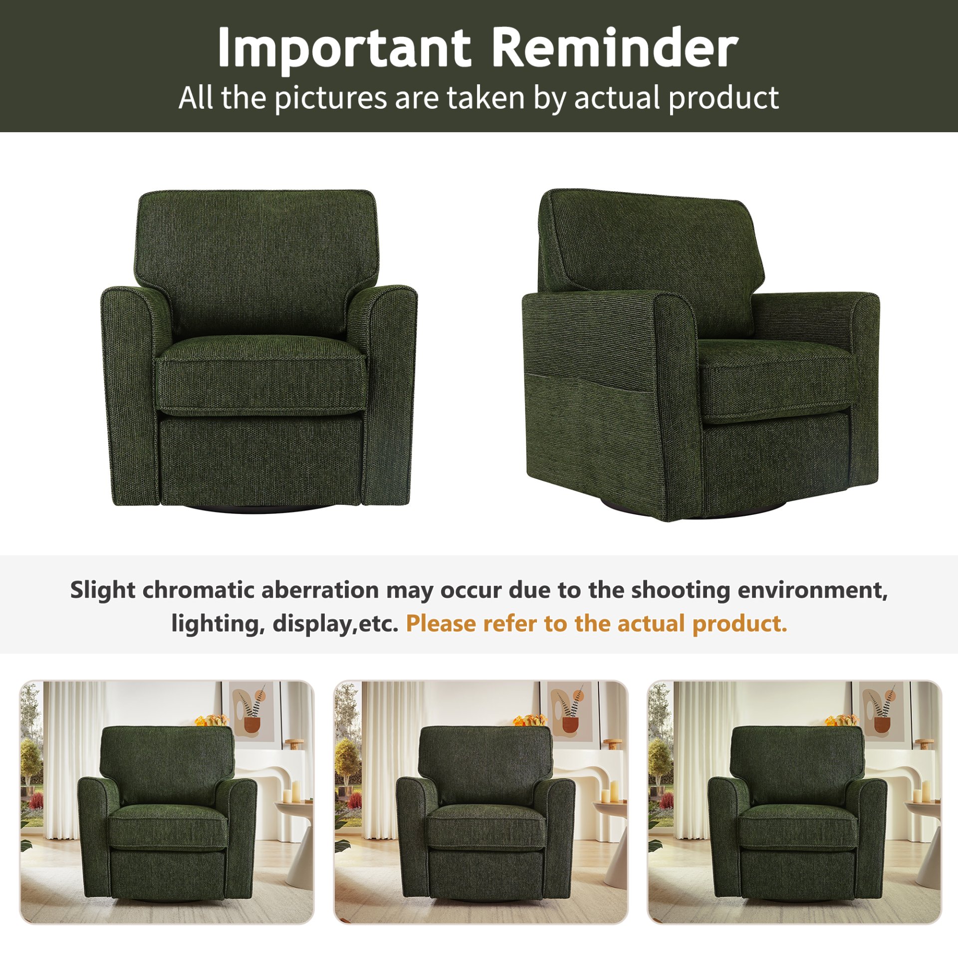 360° Swivel Chair Accent Barrel Armchair With Side Pockets, Chenille Upholstery, Compact Size - Green - Image 8