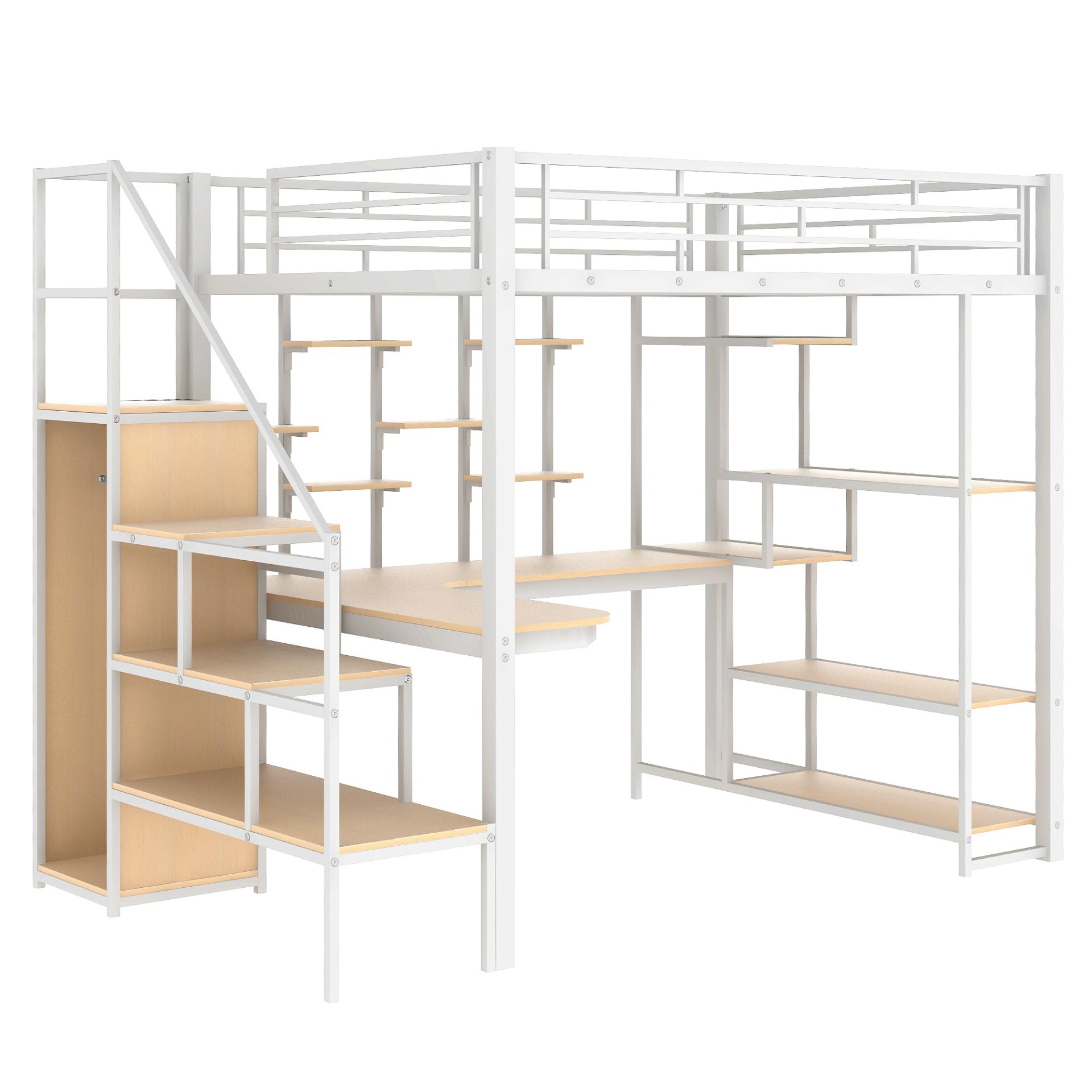 Full Size Metal Loft Bed With Storage Staircase And Small Wardrobe, Built - In Desk And Storage Shelves - White - Image 13