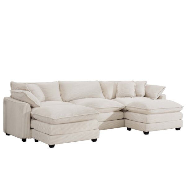 Oversized Modular Cushion Sofa With Ottomans Comfy Upholstered U Shaped Convertible Corner Sectional Sofa Light Corduroy - Beige