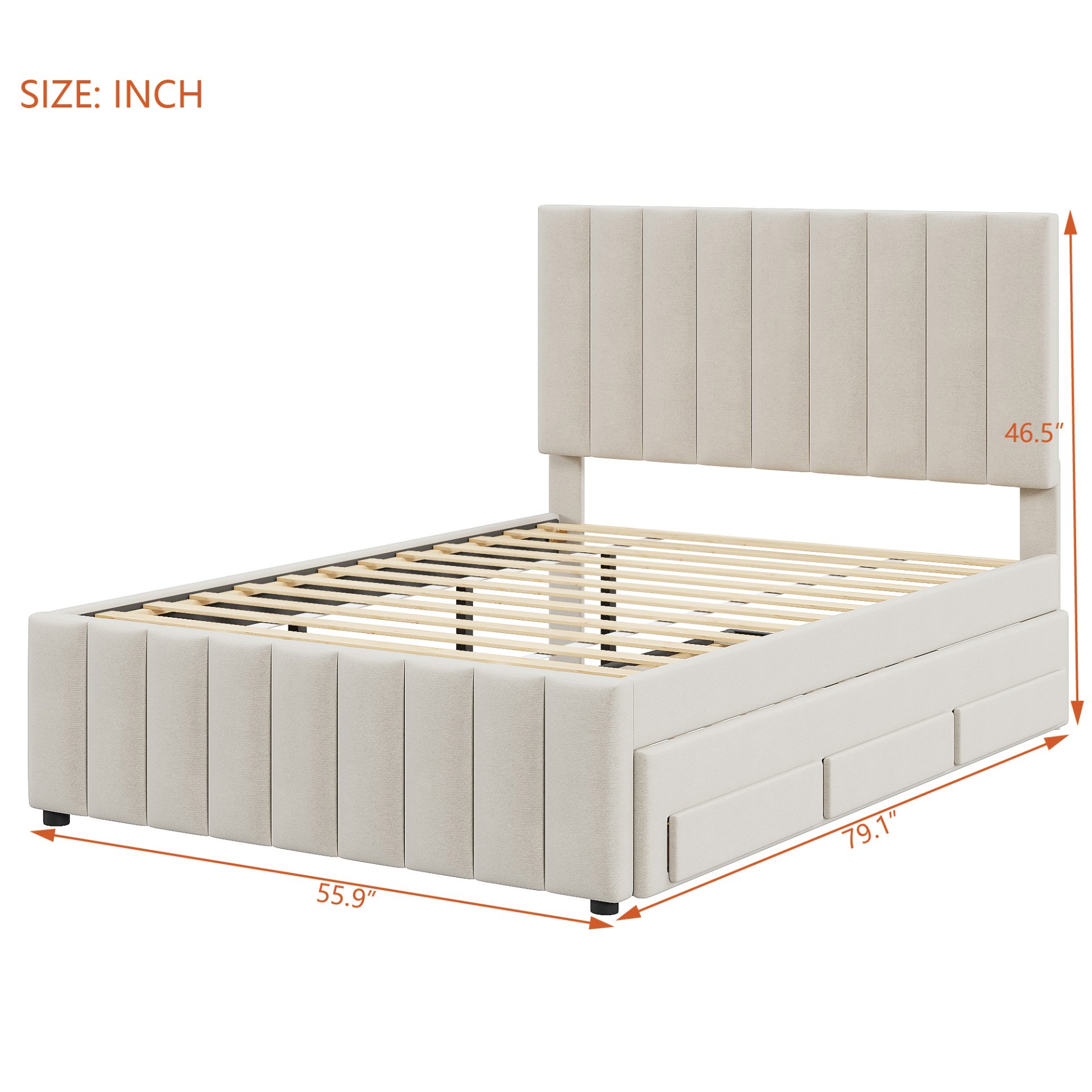 Full Size Upholstered Platform Bed With Twin Size Trundle And 3 Drawers - Beige - Image 5